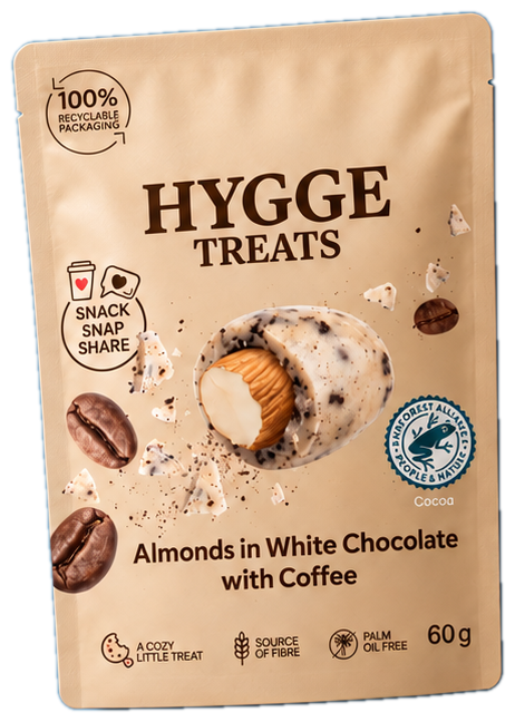 Hygge Treats almonds in white chocolate with coffee pouch